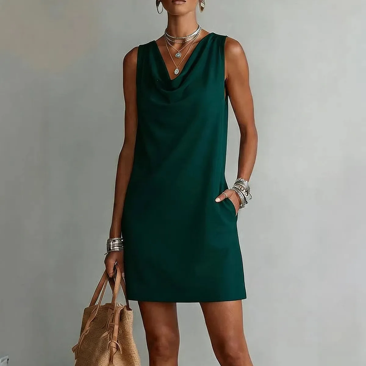 2026 Women's Summer Sleeveless Cowl Neck Mini Dress with Pockets Relaxed Fit Tunic Tank Vacation Beach Casual Outfits