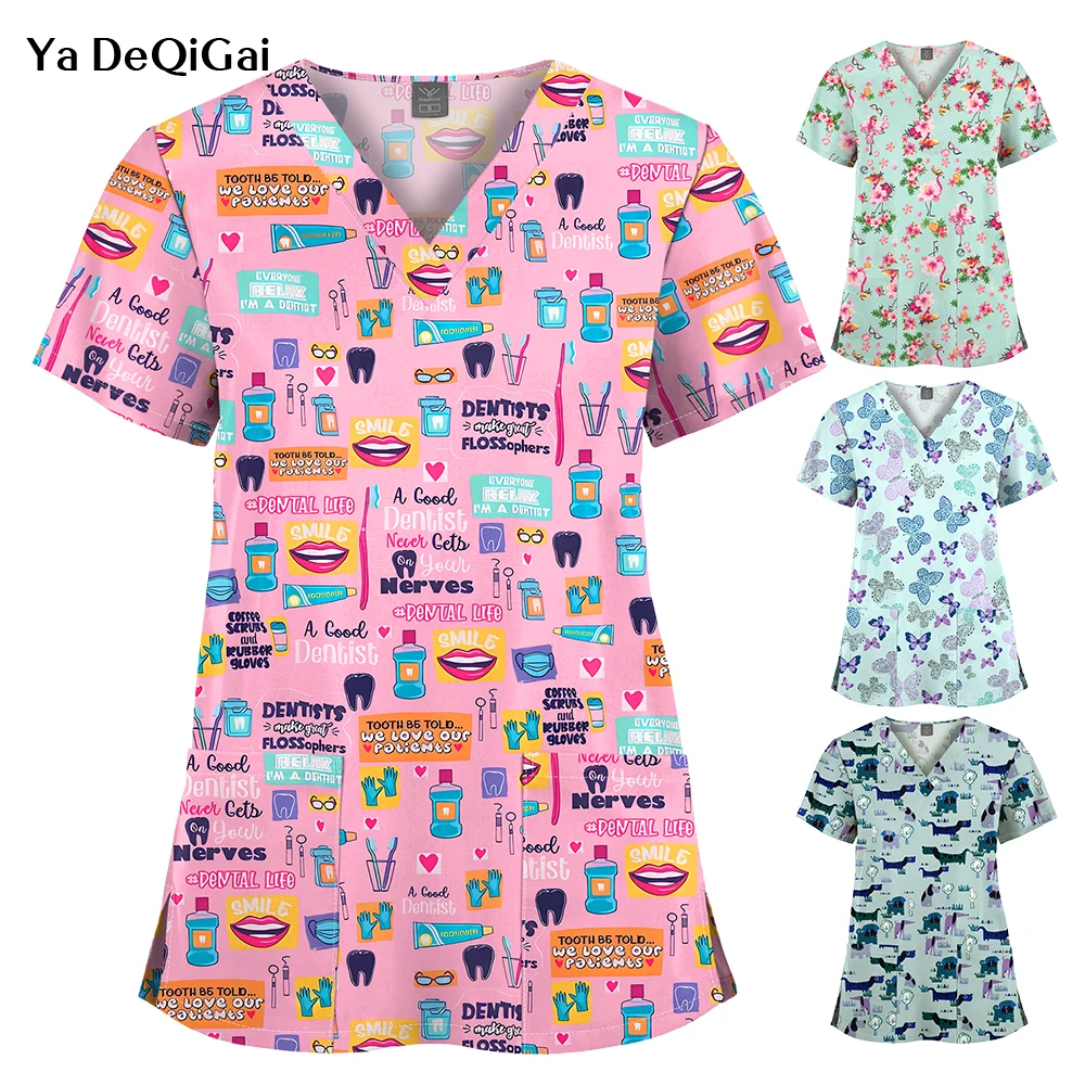 Nurse Uniform Women\'s Tops V Neck T Shirt Cat Dog Cartoon Printed Tops Uniform Short Sleeve Pockets Medical Female Nurse Uniform