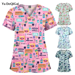 Nurse Uniform Women's Tops V Neck T Shirt Cat Dog Cartoon Printed Tops Uniform Short Sleeve Pockets Medical Female Nurse Uniform
