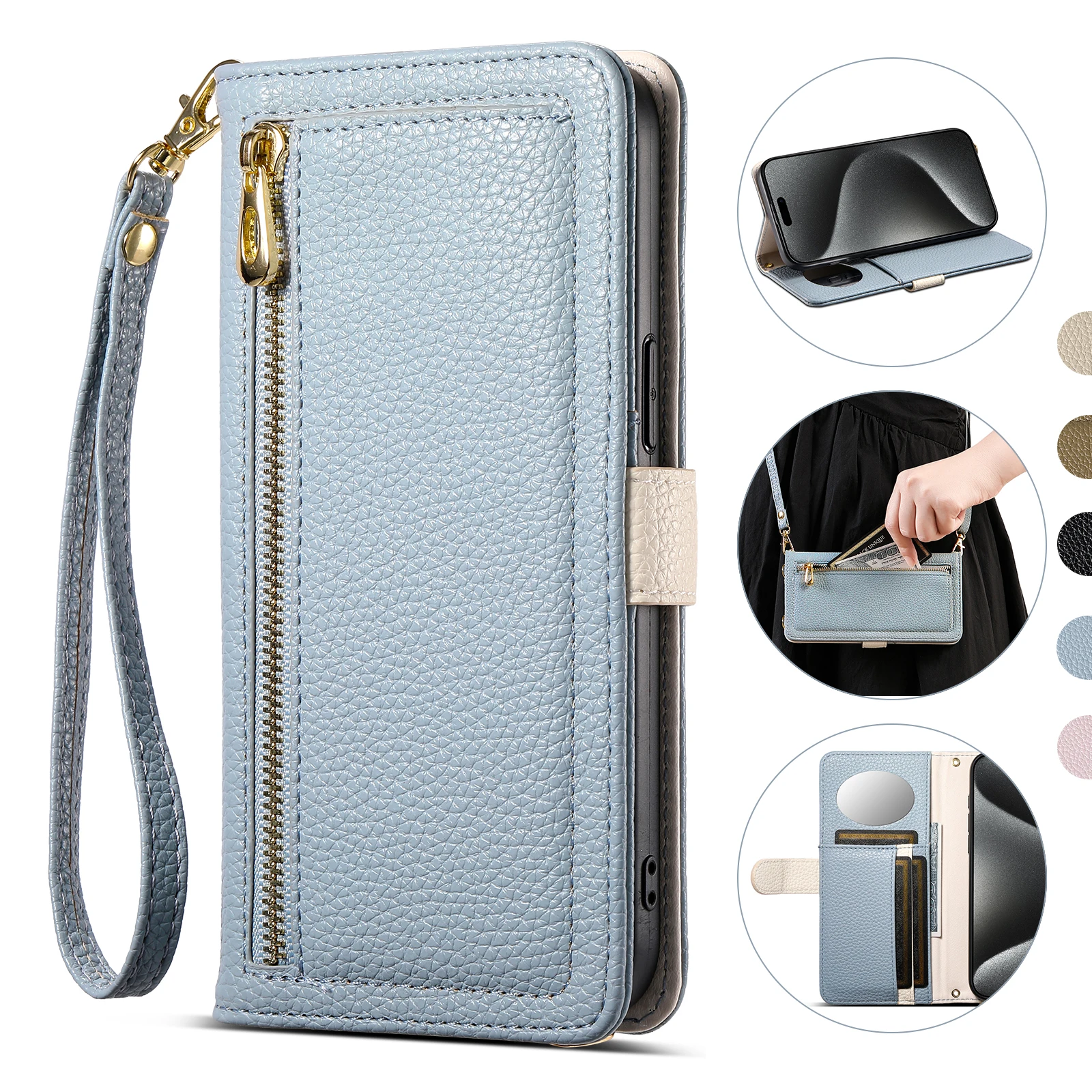Crossbody Reißverschluss-Geldbörse mit Kartenhalter Handyhülle für Samsung A16 A15 A24 A36 A22 A26 A54 A35 A55 A56 Handyhülle mit Spiegel