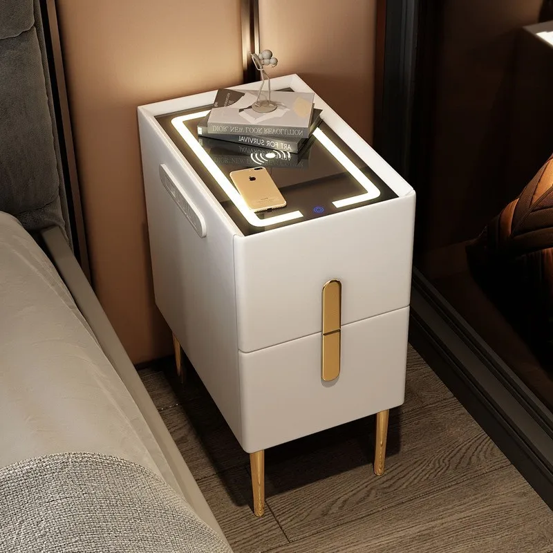 Modern Simple Leather Bedside Table with Smart Charging Function Solid Wood Storage Cabinet Luxury Nightstand for Bedroom