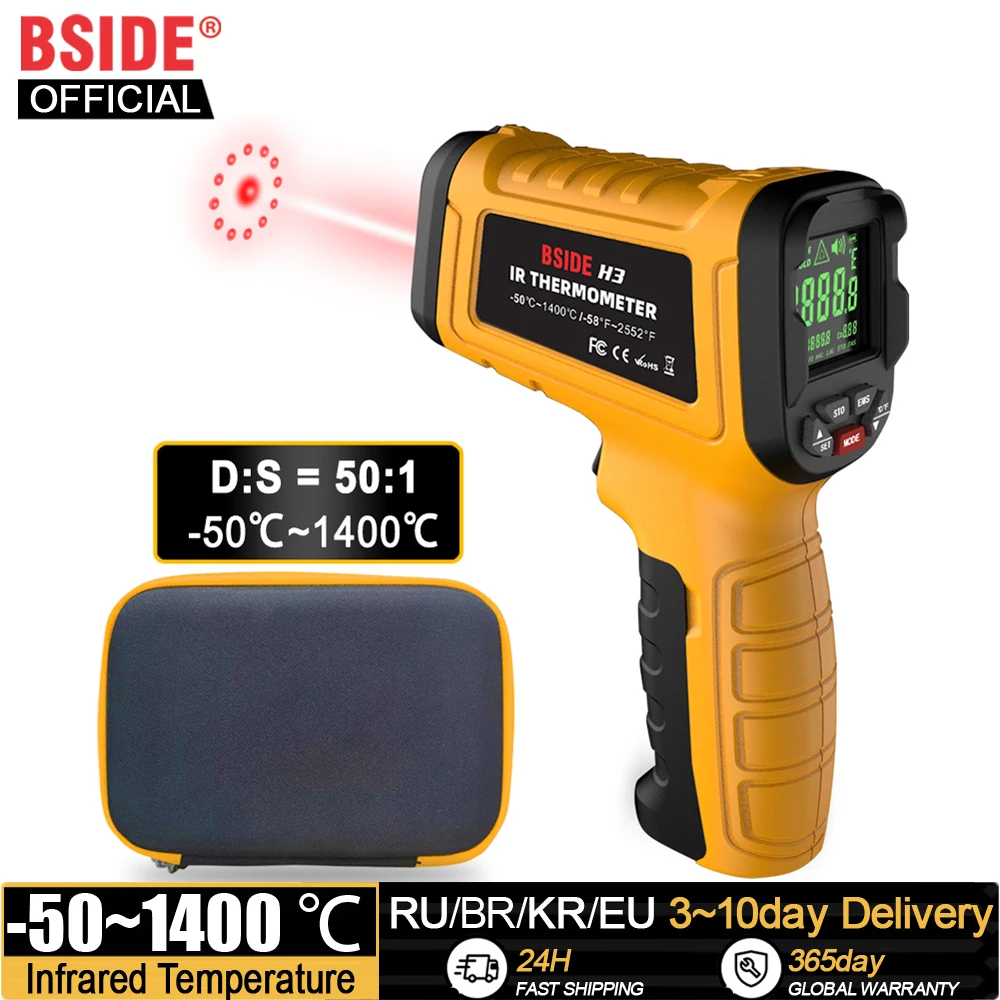 BSIDE Non-contact Laser Thermometers Pyrometer -50~1400C Infrared Thermometer Professional 50:1 Digital IR-LCD Temperature Meter