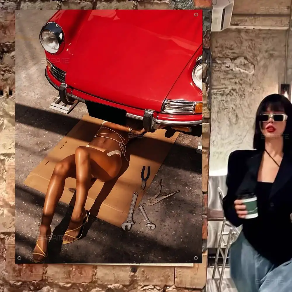Retro Luxury Famous Brand Red Car And Sexy Woman Large Size Shop Art Promotion Advertising Booth Flag Hanging Banners