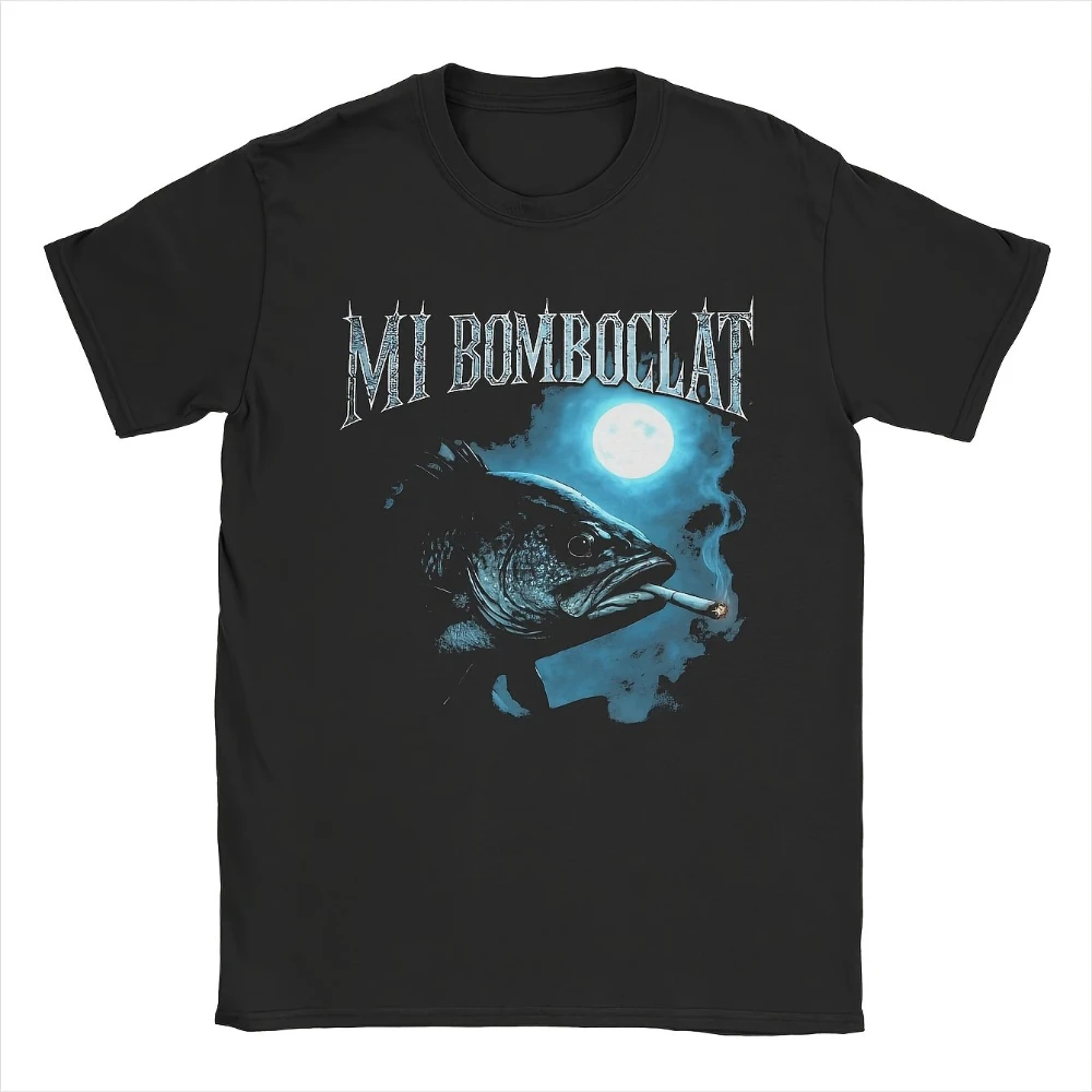 Men's Funny Bomboclat Fish Meme Graphic T-Shirt Black Pure Cotton Short Sleeve Casual Shirt with Bold White Blue Fish Print