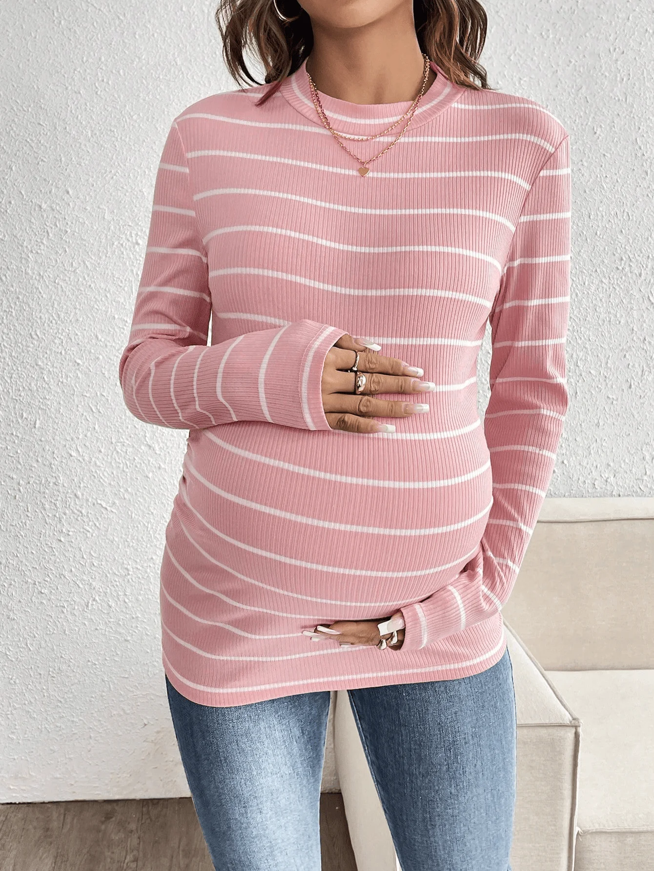 New pure cotton striped round-neck straight-shoulder long-sleeved maternity T-shirt