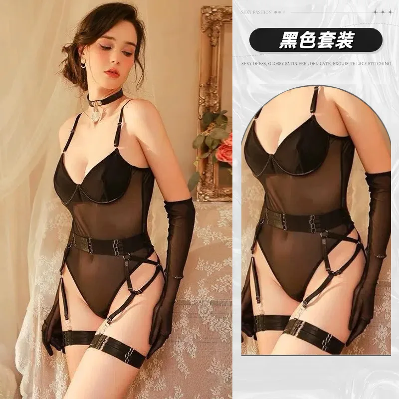 100kg Plus Size Lingerie Bodysuit with Garter Gloves Perspective Sexy Onesie Mesh Stitching Underwear Shapewear Complex Babydoll