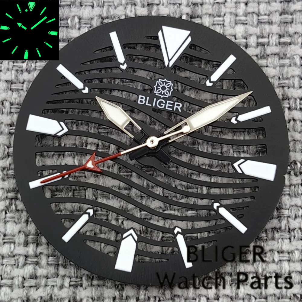 BLIGER New Hollow-out Watch Dial And Skeleton Hands Fit 29mm Black Silver Blue Green Dial C3 Green Luminous Fit NH70 NH72