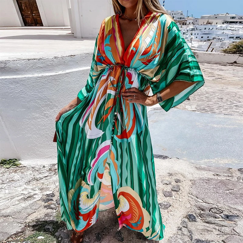 

Maxi dress Summer Print Long Dress Women Boho Oversized Maxi Dress Casual Beach Cover-Up Dress Female Long Sleeve Loose Vestido