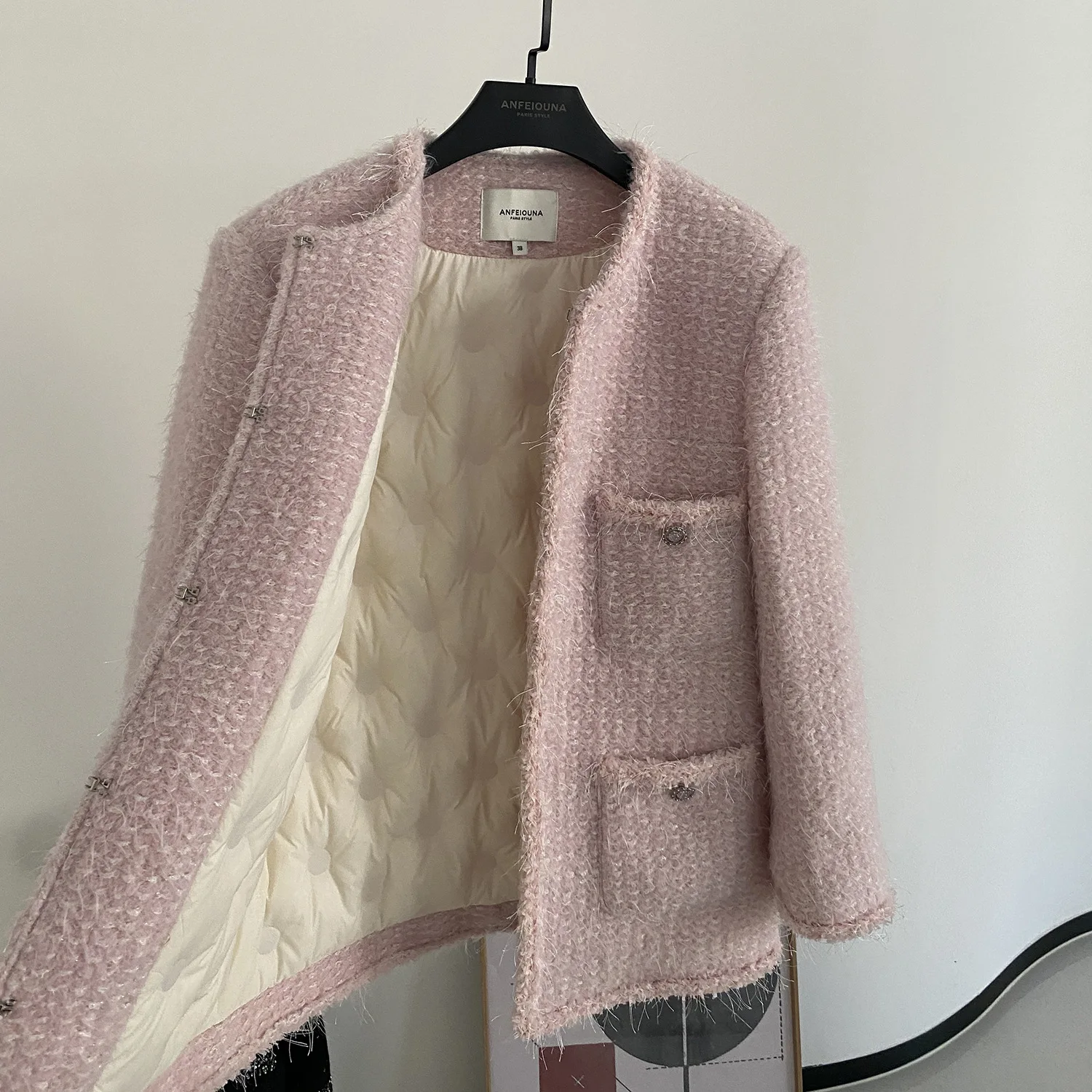 

Winter Down Jacket Coat Women Luxury Designer Pink Tweed Wool Jacket Warm High-Grade Tweed White Duck Down Liner Thickening Coat