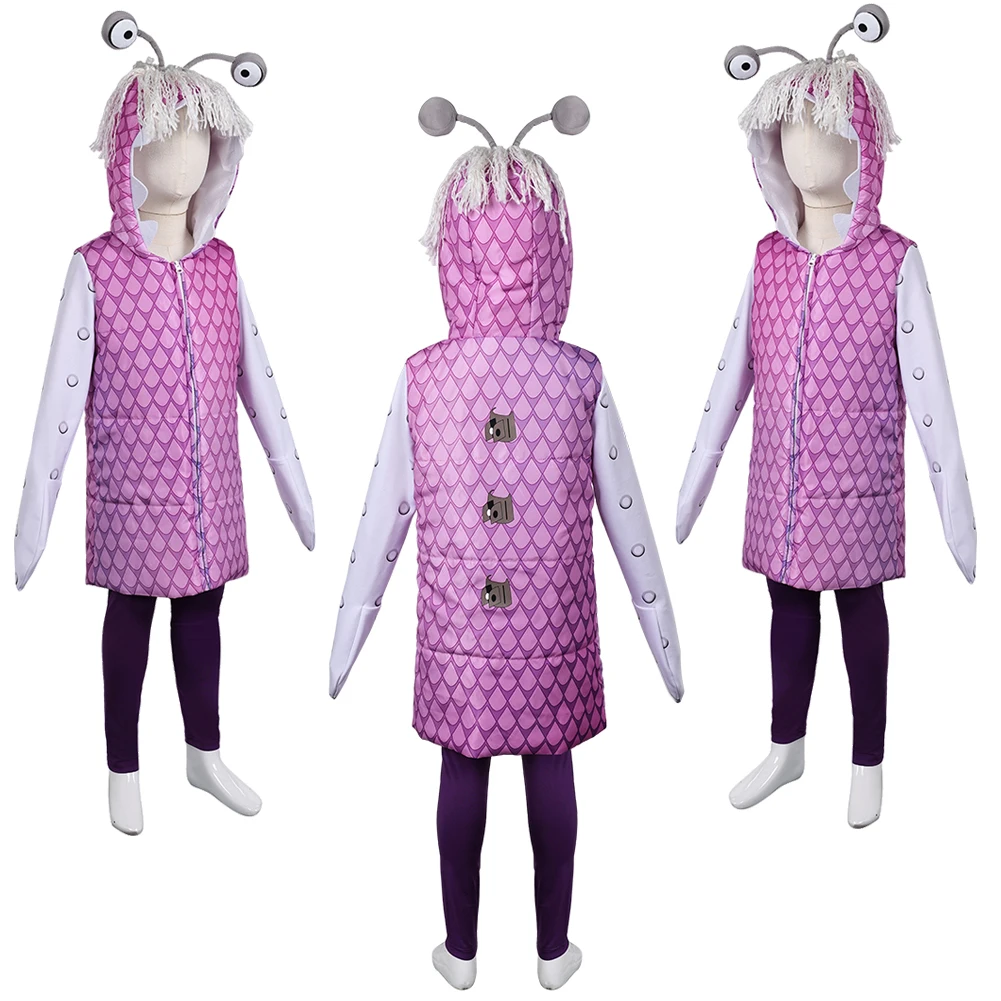 Kids Cartoon Monsters Inc Boo Cosplay Purple Costume Hooded Coat Pants Monsters Hat Girls Halloween Roleplay Outfits Party