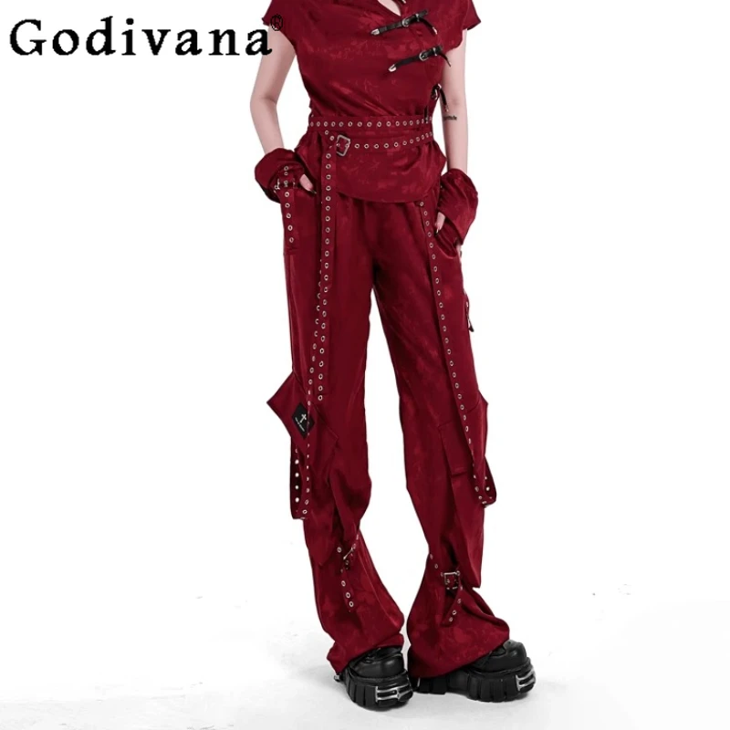 

Spring Summer Chinese Punk Butterfly Jacquard Lace-up Wide-leg Pants Girls Loose Thin Street Elastic Waist Versatile Trousers