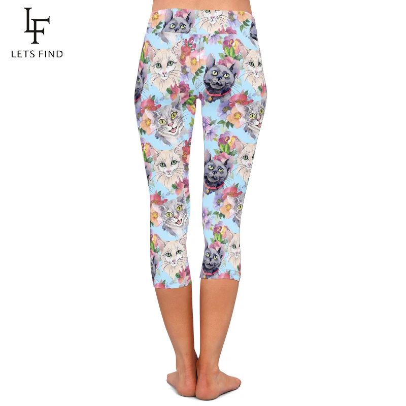 Summer New Animals Cats Print Pants Fashion High Waist Elastic Women Capri Leggings Mid-Calf 3/4 Fitness Soft Leggings