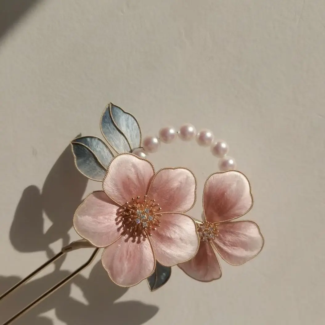 Delicate Traditional Chinese Lucky Fortune Blessing Pink Velvet Flower Hairpin Intangible Cultural Heritage Handmade Faux Pearl