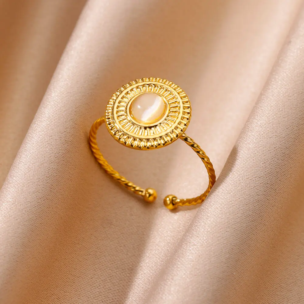 1 PCS Stainless Steel White Cat\'s Eye Round Open Ring Gold Color Adjustable Rings For Women Party Vacation Couple Jewelry Gift