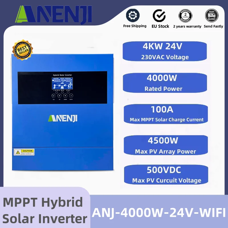 24V Hybrid Solar Inverter 4000W For Solar Panels MPPT 230V Pure Sine Wave On/Off Grid PV 60-500V 100A Solar Charge Controller