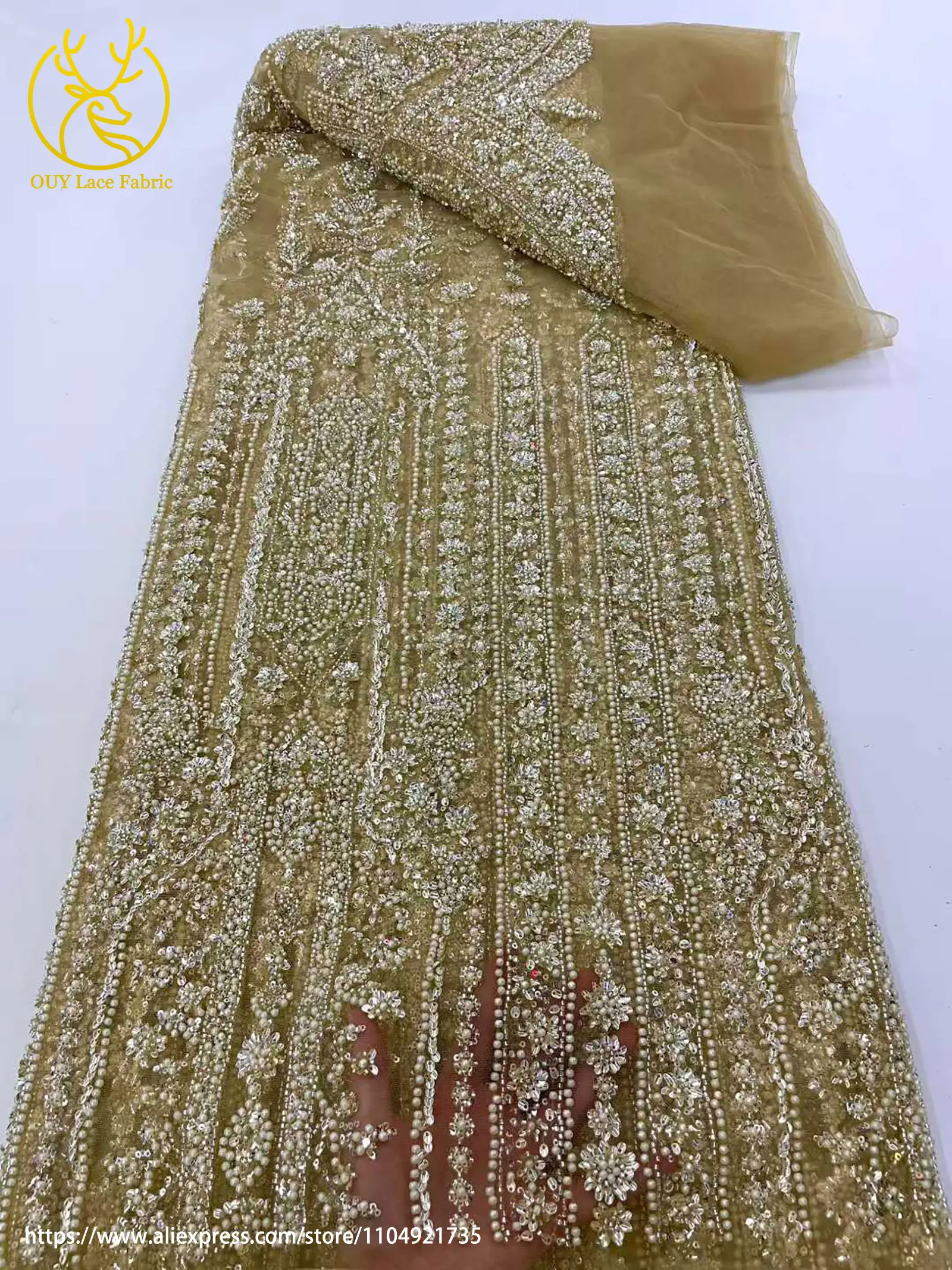 Wunderschöner Eleganter Afrikanischer Handgefertigter Perlen-Spitzenstoff 2026 Modische Französische Nigerianische Pailletten-Bestickte Spitze für Hochzeitskleider – Detail 6