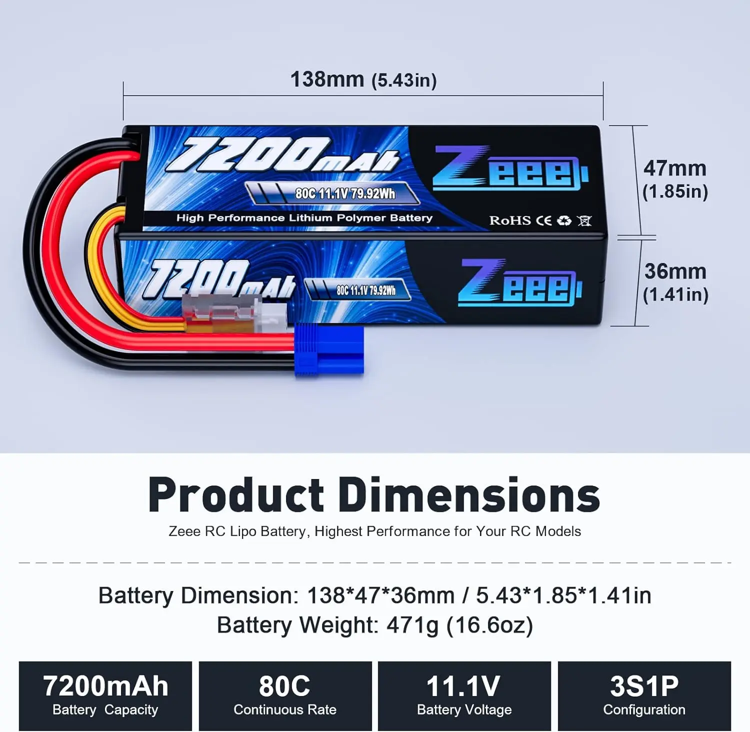 Zeee 3S Lipo Battery 11.1V 80C 7200mAh Hardcase with Deans Plug for RC Car Truck Boat RC Truggy FPV Drones Airplane Buggy Parts