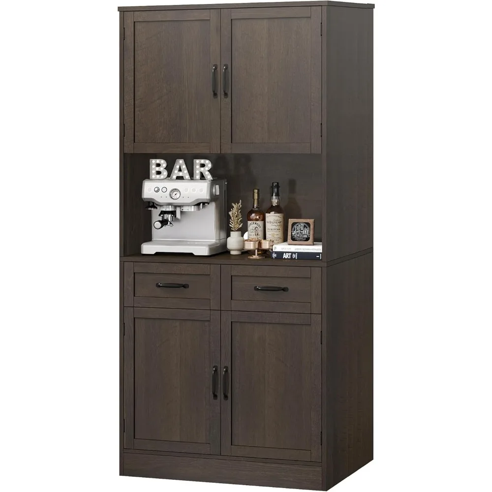 71“ Tall Kitchen Pantry Storage Cabinet, Modern Kitchen Hutch Bar Cabinet with Microwave Stand, Dark Brown, Kitchen Cabinets