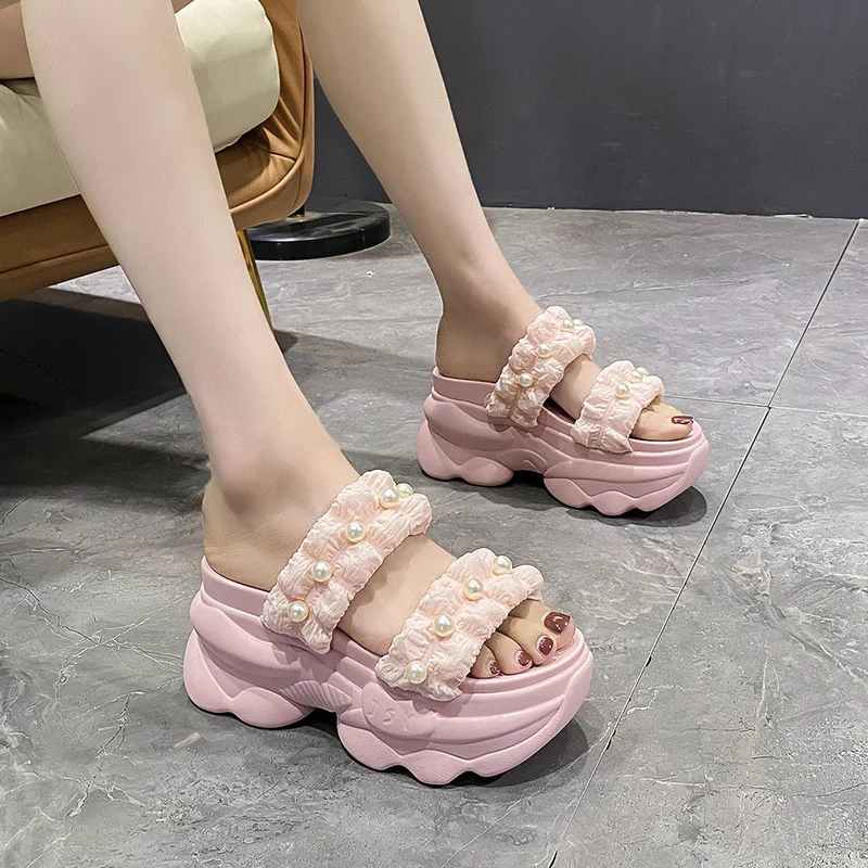 Brand Women High Platform Slippers Pearl Thick Sole Summer Shoes Woman Outside Chunky Sandals Casual Beach Slides Zapatos Mujer