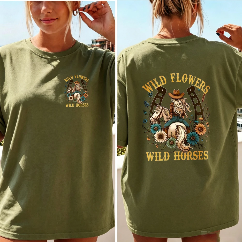 Women Wild Flowers Wild Horses Western Cowgirl Horse Double Sided T Shirt Country Cowboy Floral Graphic Tee Casual Cotton Blouse