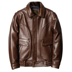 Brown Autumn Pilot Leather Jacket Men Military Style Plus Size 5XL Natural Sheepskin Aviation Genuine Leather Coat
