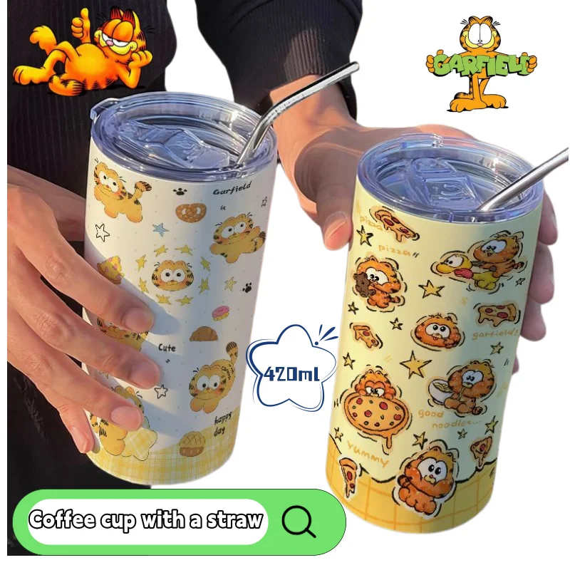 

New Garfield stainless steel thermos cup high color value cartoon cute coffee cup with straw student portable ins drinking cup