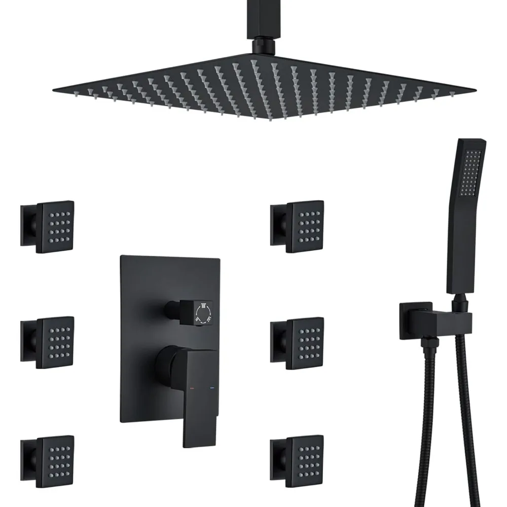 

Luxury Rain Shower System with 6-Piece Body Spray Jets, Balanced Pressure Valve, and 12-Inch Shower Head