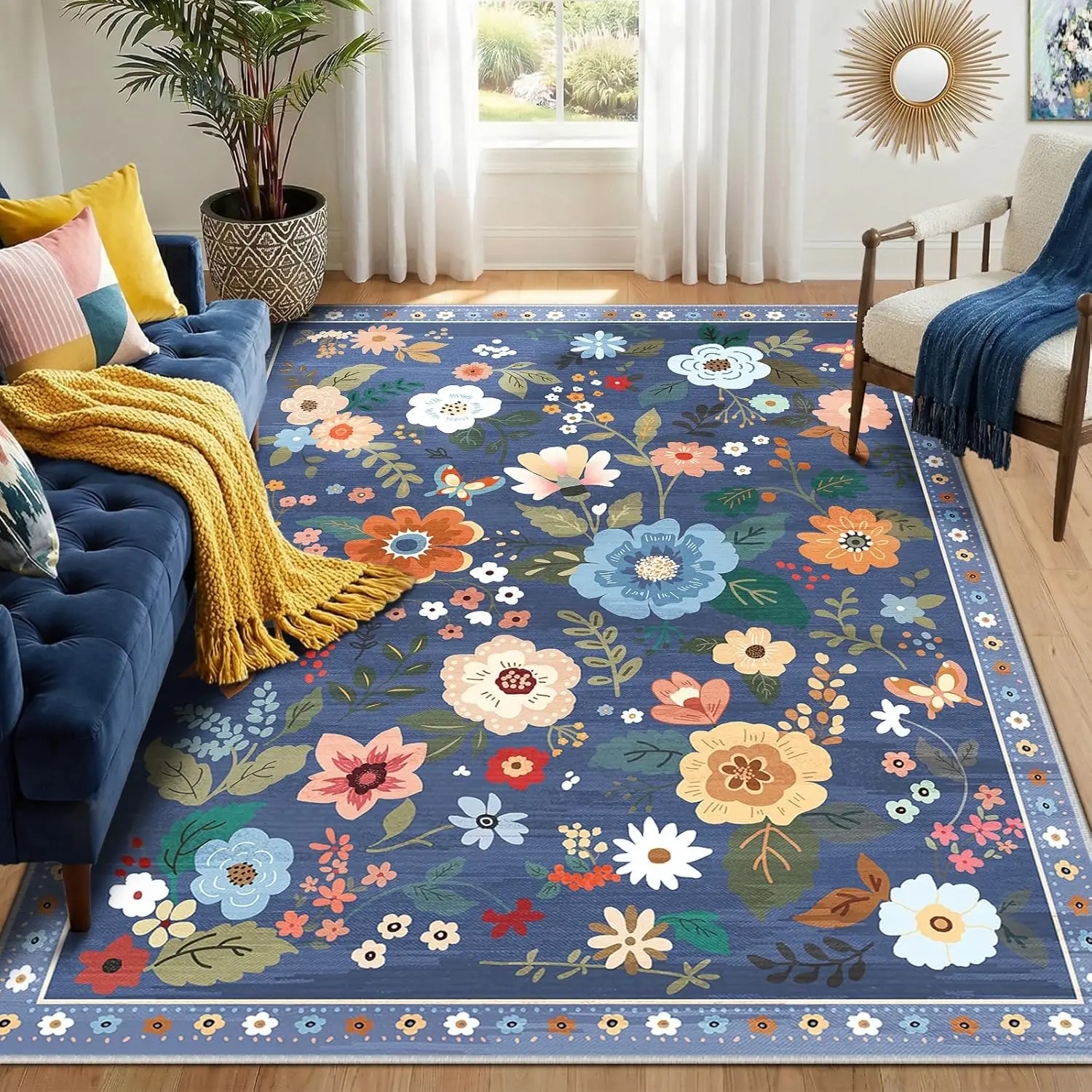 Washable Blue Grey Floral Area Rug, Soft Boho Non Slip Print Carpet, Cute Nursery Rug for Living Room Bedroom Kitchen