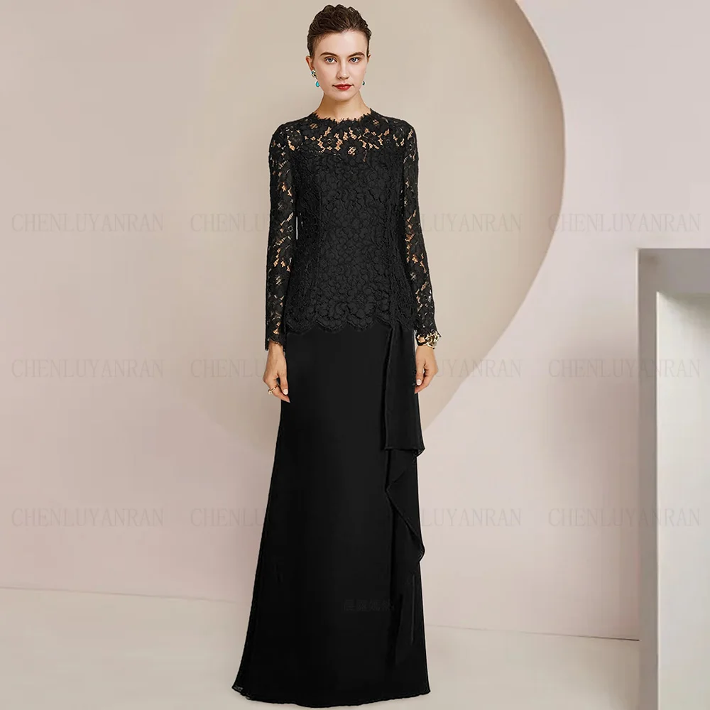 Black Elegant Mother Of The Bride Dresses 2023 O-Neck A-Line Wedding Guest Gowns Long Sleeves Dress Women For Wedding Party