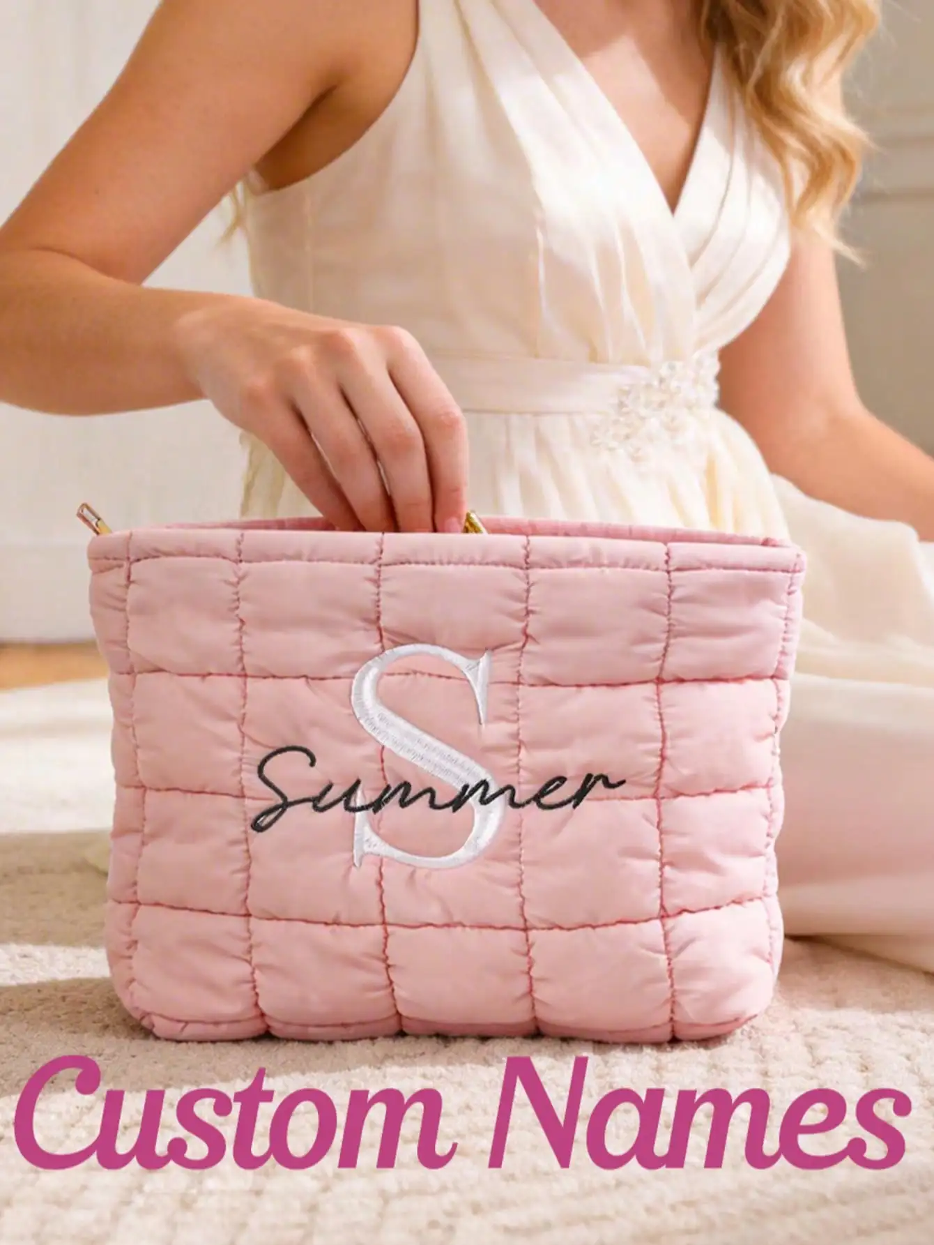 Custom Name Quilted Cosmetic Bag Puffy Makeup Pouch Personalized Embroidery Initial Toiletry Bag Bridesmaid Wedding Party Gift