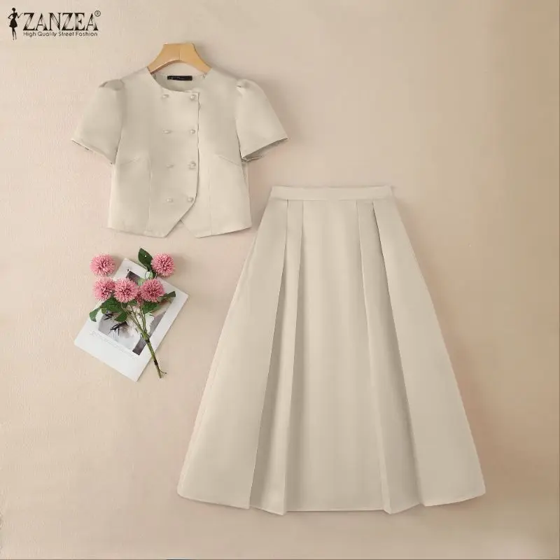 

ZANZEA Summer Elegant O Neck Short Sleeve Blouse Dress Suit Office Outfits Satin 2 Pieces Sets Elegant Women OL Work Dress Sets