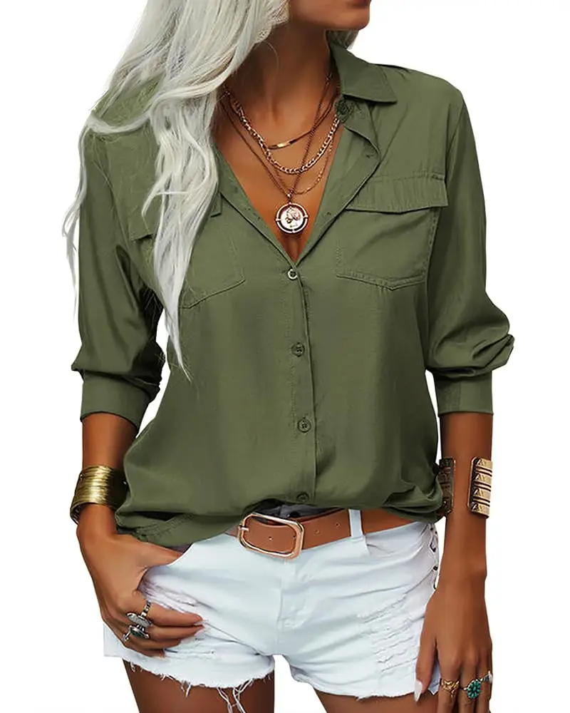 Solid Color Long Sleeves Button Down Shirt Top Spring Fall Elegant Women Clothing Basic Lapel Office Blouse