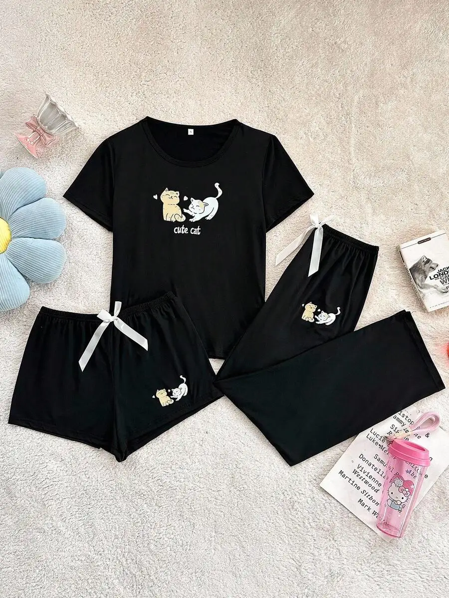 

Women 3pcs Cute Cat Print Short Sleeve Pajama Set Black Sleepwear Shorts And Pants