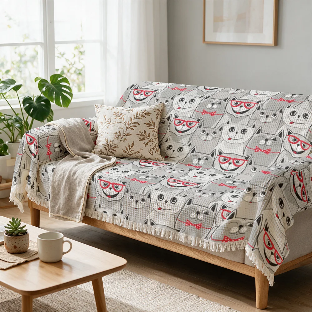 Cute Cartoon Cat Print Throw Blanket for Sofa Couch Home Decor Living Room Cozy Napping Textiles Accent Throw Gift