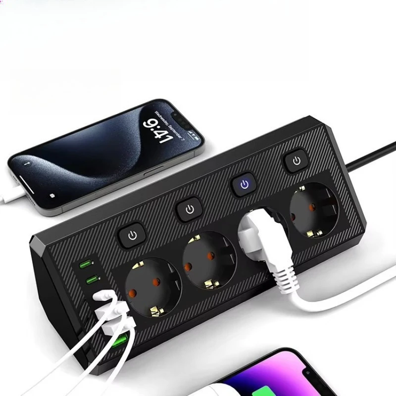 European socket desktop corner power strip 4 position jack extension cable independent switch Type-c European standard power