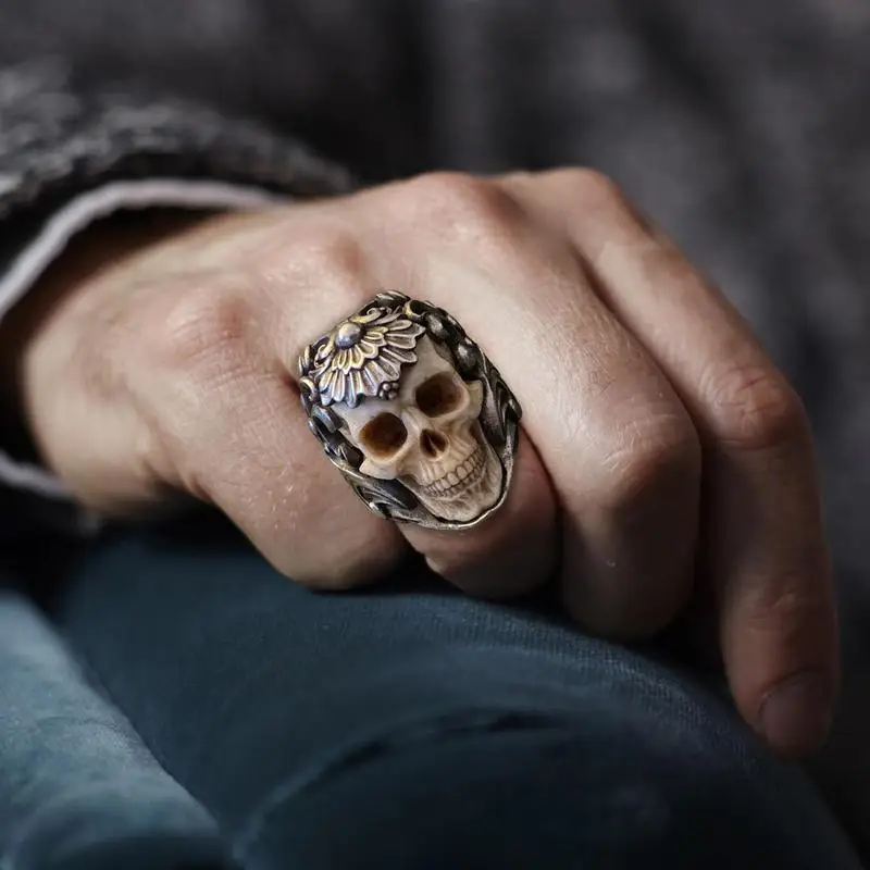 Vintage Wearable metal Skull Ring Skull Silver Plated Skeleton Dazzling Antlers Bully Men's Ring Halloween And Daily Accessories