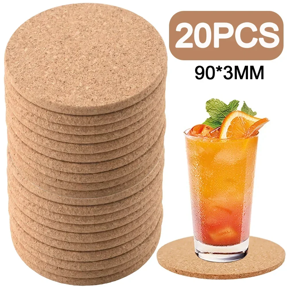 20/1pcs Natural Cork Coasters Heat Insulation Round Shape Cup Mats Dia 9cm Wine Coffee Tea Table Pad Home Office Kitchen Tool