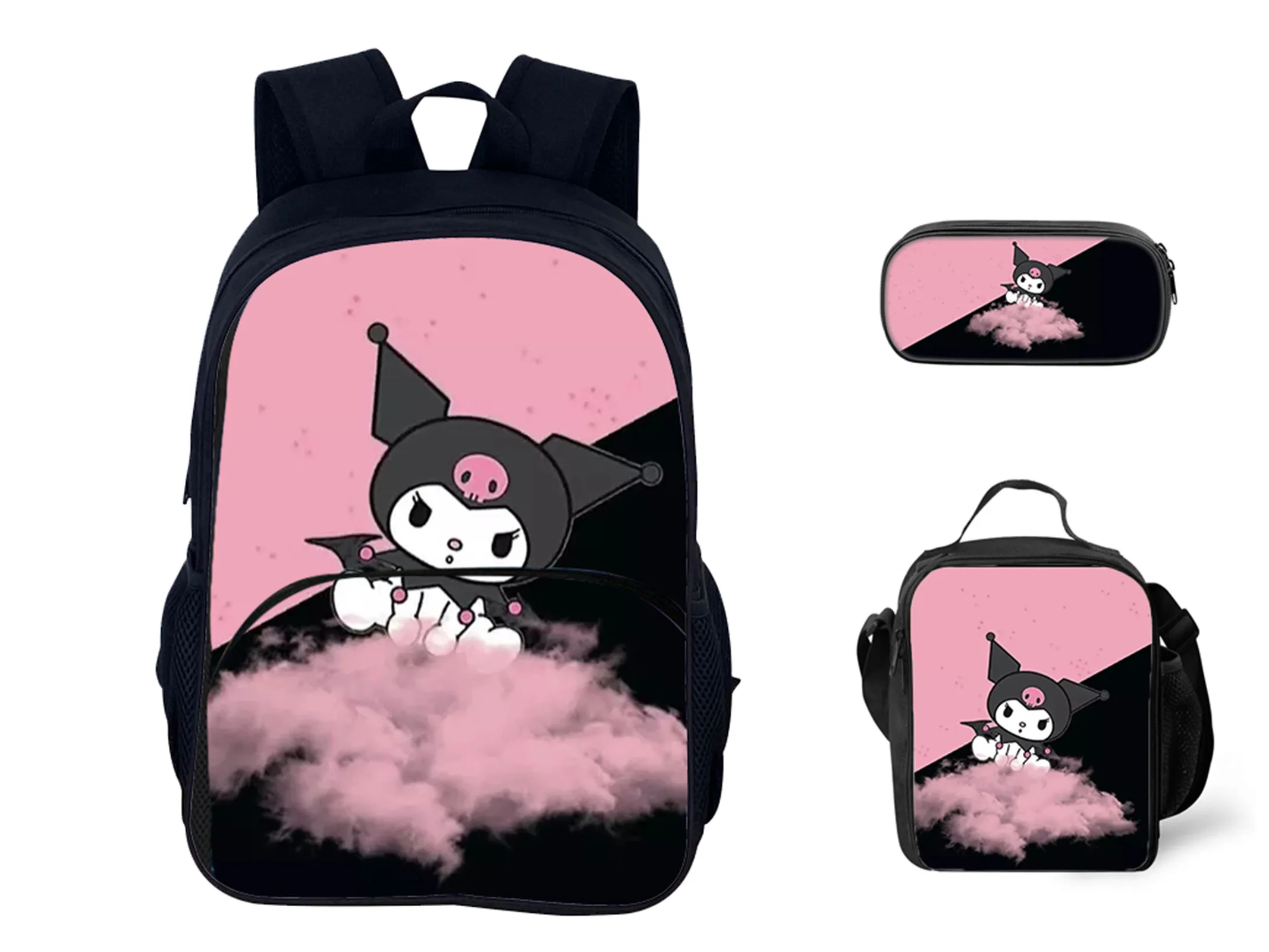 

Boys Girls Kuromi Trendy Knapsack with Cartoon Thermal Bag Pencil Case 3Pcs Set-Large Capacity Backpack for Kid