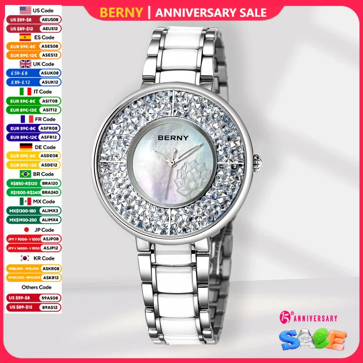 BERNY Luxury Watch for Women 40mm Elegant Multicolor dial Ladies Quartz Watches Exquisite Crystal Waterproof Woman Wristwatch