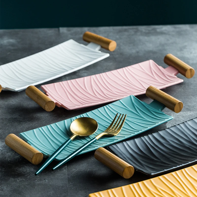 Rectangular Double Handle Sushi Plate Western Steak Tray Ceramic Plate Heatproof Haft Ceramic Sushi Restaurant Tableware 1pcs