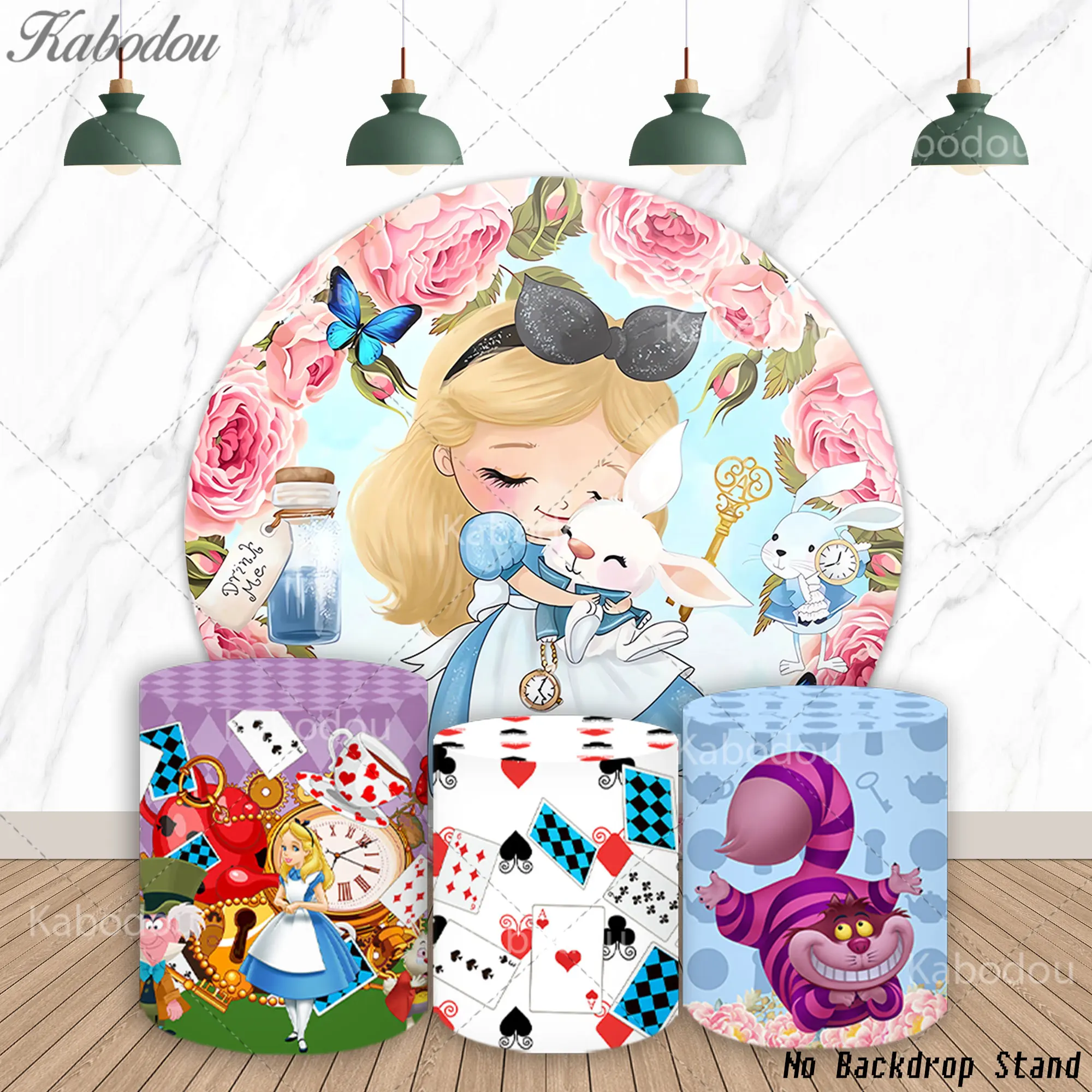 Fondo Redondo de Alicia en el País de las Maravillas para Cumpleaños de Niñas, Baby Shower, Fiesta al Aire Libre, con Gato de Cheshire y Cartas de Póker, Cubierta de Cilindro