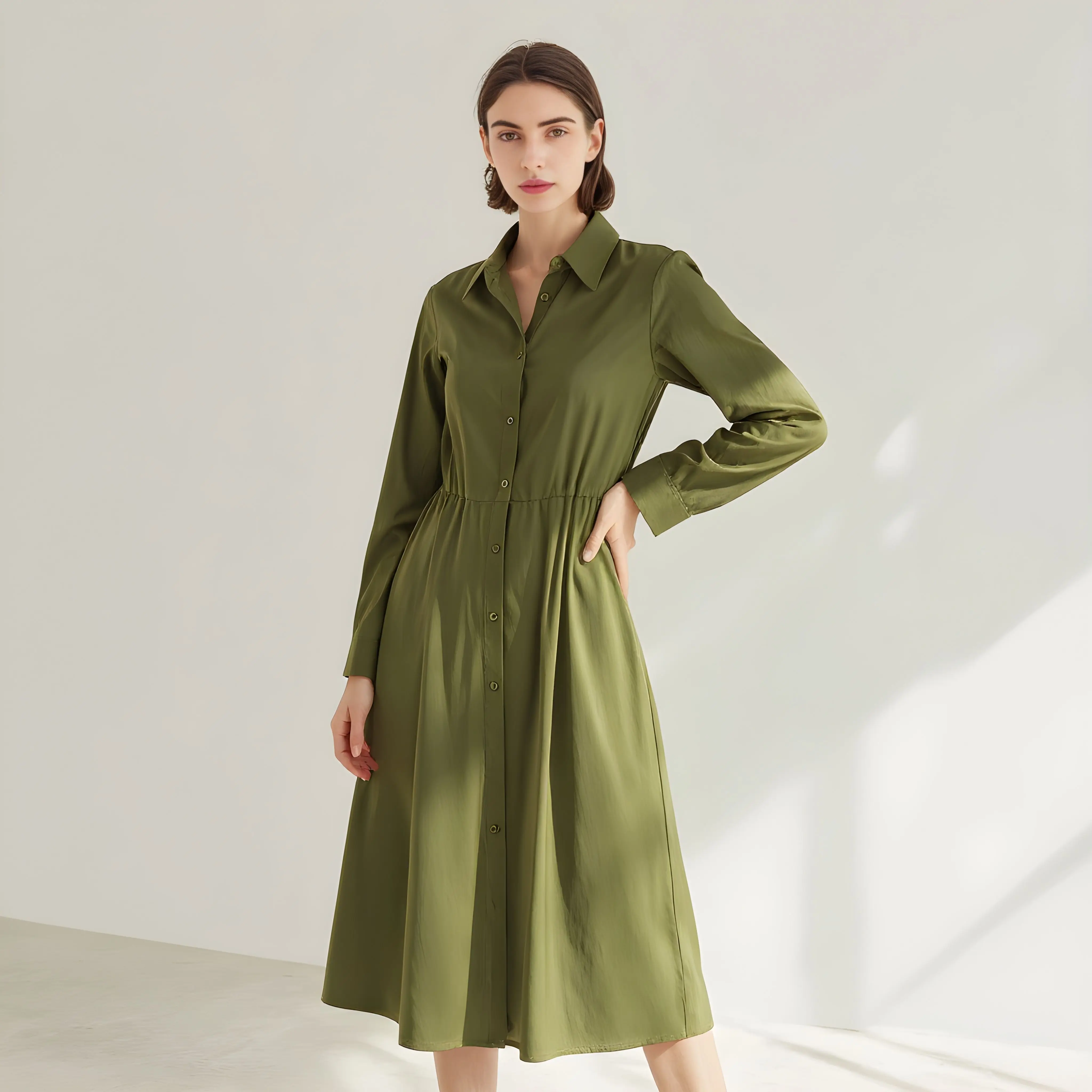 Autumn Winter Dress Casual Shirt Collar Mid-Length A-Line Skirt Style Women's Clothing Comfortable Fit Long Sleeve Dress