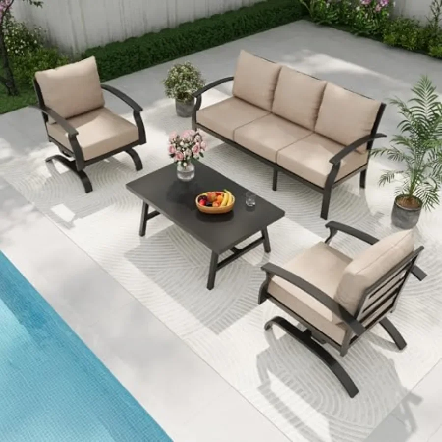 Outdoor patio furniture set for porch, balcony, deck, yard: metal frame sectional sofa with coffee table, 4 pcs, washable cushi