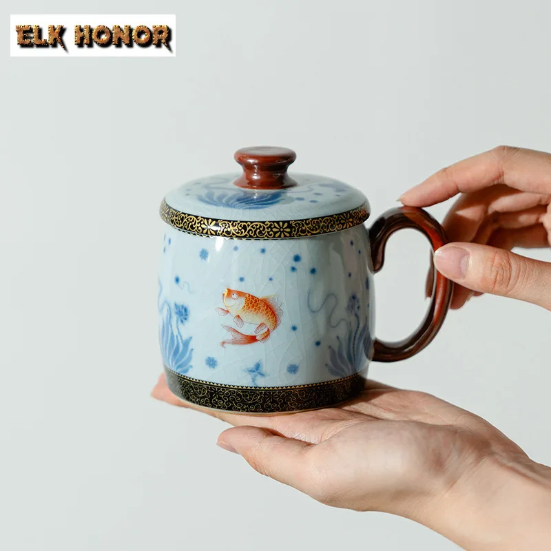 

360 мл Ru Kiln Ручная роспись Рыба с крышкой Кофейная кружка Кружка для латте Кружка для послеобеденного чая Офисная чашка для воды Чайные предметы Украшения