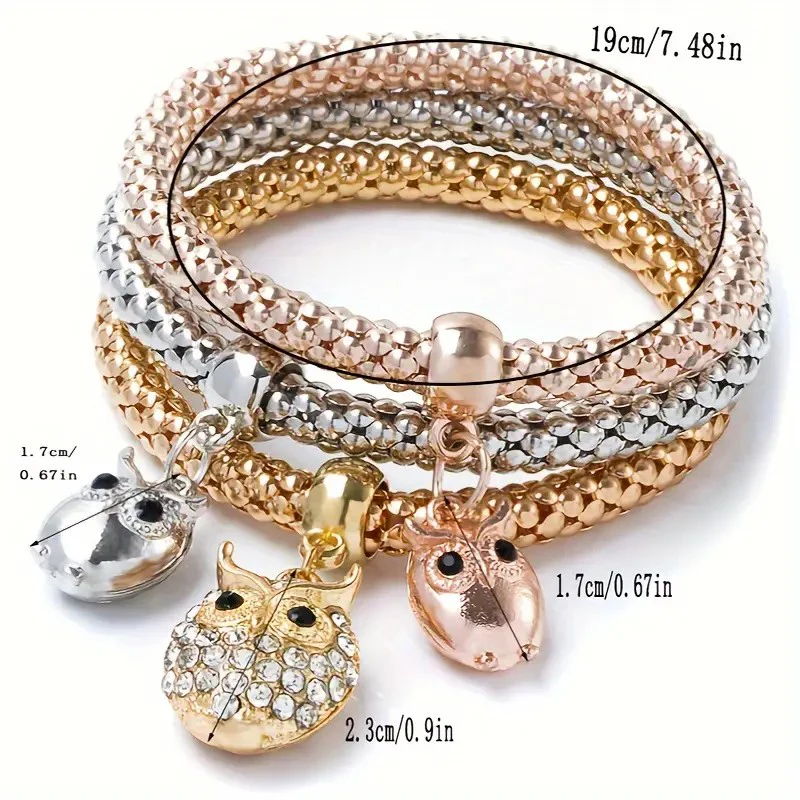3-teiliges Set Herz-Schloss-Schlüssel, Musikzeichen, Charm-Armband, Eule, Rosévergoldung, silberfarbene Kette, Owm-Charm-Armreif, Schmuckset – Detail 11