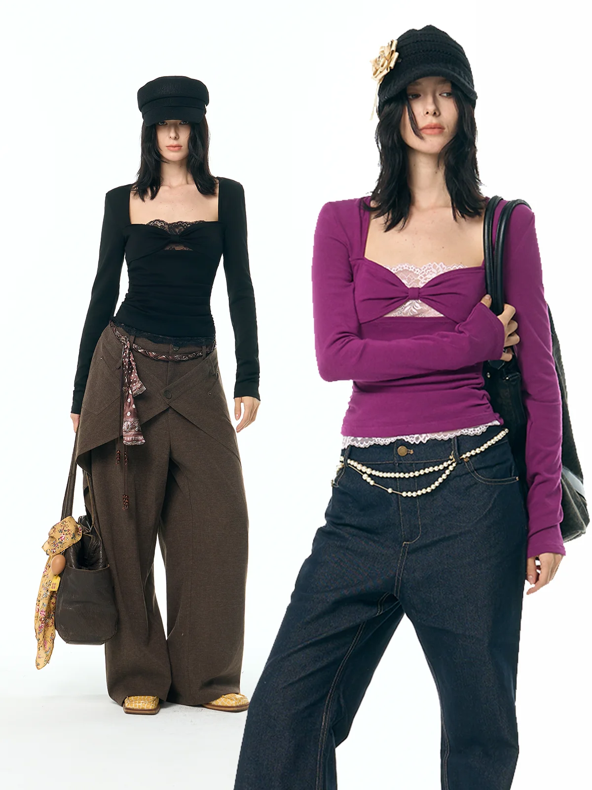 

Pure Color Long Sve T-irt Women's Lace Splicing Knot Design Elastic Base Top 34 Ounce Casual Sle Slim Fit