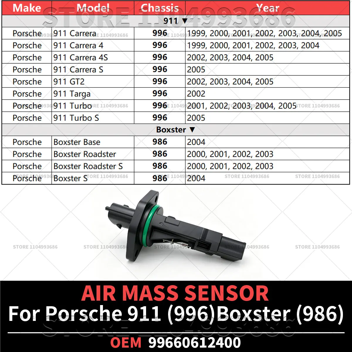 For Porsche 1999-2005 911 Carrera Targa Turbo S (996) 2000-2004 Boxster Roadster Base S (986) AIR MASS SENSOR OEM 99660612400