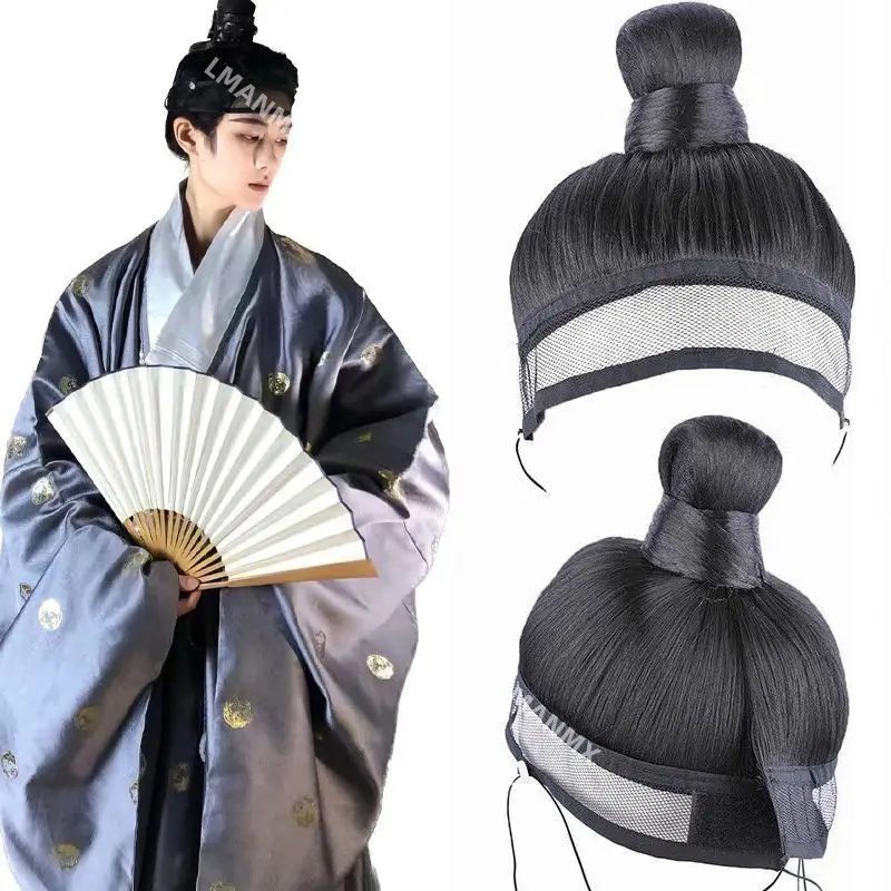 Hanfu Cosplay Wigs Men Black Anime Ancient Chinese Hanfu Wigs Headgear Accessories Hanfu Long Straight Wigs Black Wig Headband