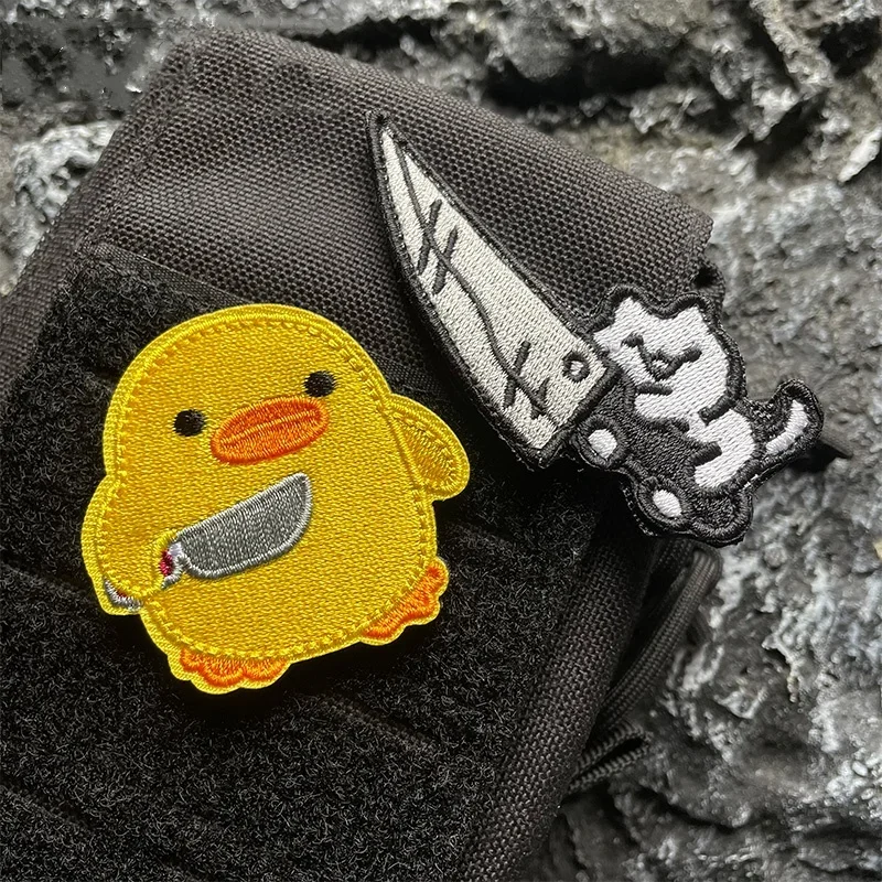 Yellow Baby Duck Embroidery Emblem Hook&Loop Tactical Patches “Pull Out My 40M Machete Cat”Morale Badge for DIY Clothes Applique