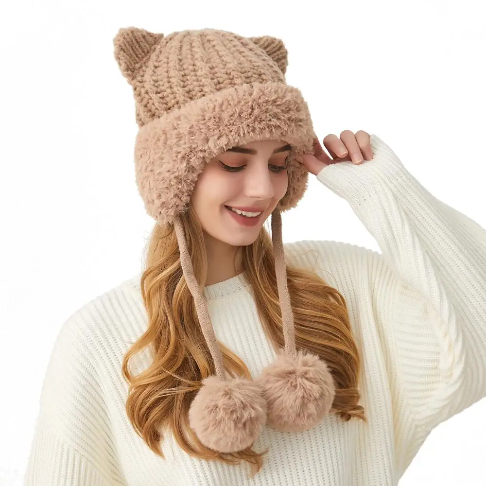 Casual Cat Ears Knitted Beanies Fleece-Lined Windproof Women's Ear Protection Knit Hat Thickened Warm Ski Hat